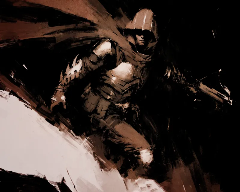 Cazador de demonios encapuchado, en pleno salto, con la ballesta en la mano. Pintura en sepia de Blizzard.