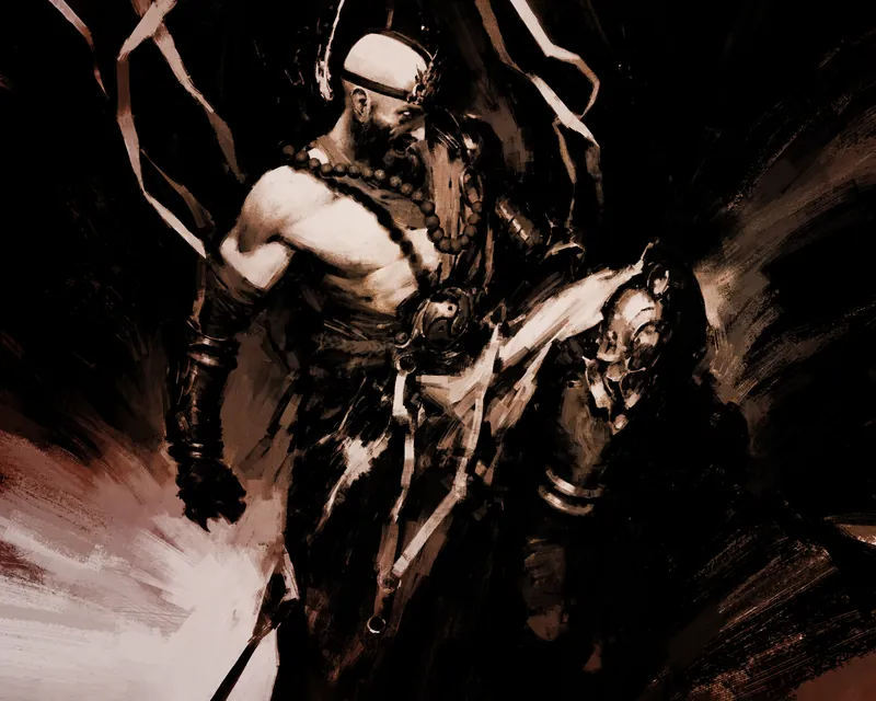 Monje con el torso desnudo, cuentas al cuello y cintas al viento, golpeando. Pintura en sepia de Blizzard.