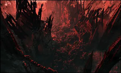 Un paisaje rojo de estructuras afiladas y una masa de cuerpos.