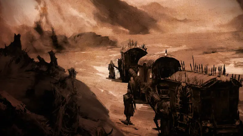 Los carromatos de una caravana en un páramo ocre. Sepia.