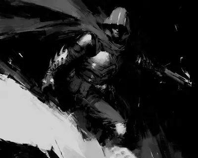 Boceto en blanco y negro del cazador de demonios con su ballesta.