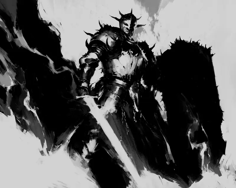 Boceto en blanco y negro del caballero de la plaga, con armadura y espada.
