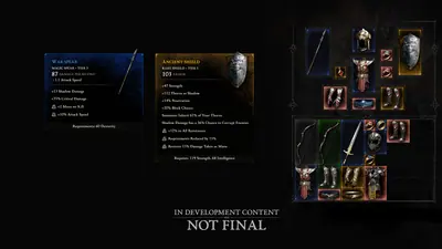 Las fichas de War Spear y Ancient Shield y un inventario por casillas con unos 25 objetos dibujados. «In development content · Not final».