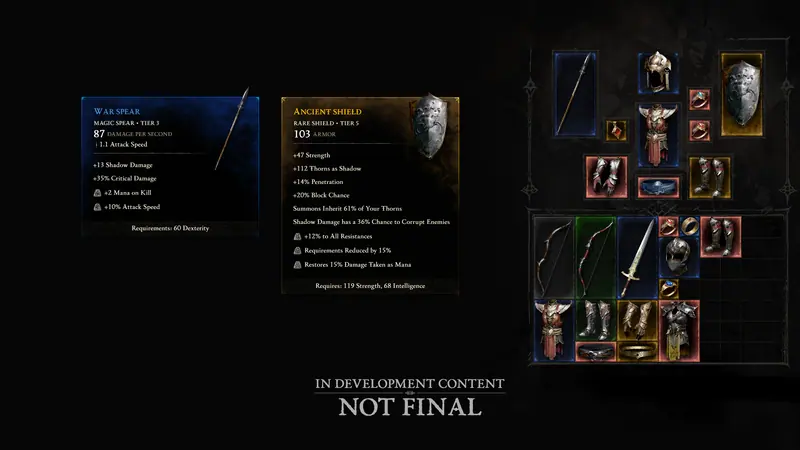 Las fichas de War Spear y Ancient Shield y un inventario por casillas con unos 25 objetos dibujados. «In development content · Not final».