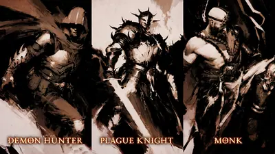 Tríptico en sepia con las tres clases y su nombre rotulado por Blizzard: Demon Hunter, Plague Knight y Monk.