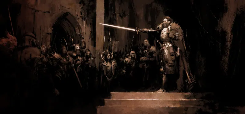 Una figura con armadura alza la espada sobre unas gradas, ante una multitud, en una sala. Sepia.