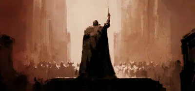 Una figura con capa, de espaldas, alza un arma ante una multitud de figuras blancas, en una sala de columnas.