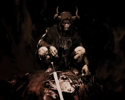 Una figura con cuernos, agachada, con una espada sobre un fardo.