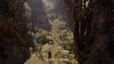 Un sendero entre zarzas y vegetación retorcida, visto desde arriba, con una figura pequeña.