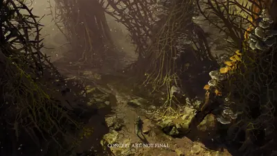 Un túnel de zarzas y troncos con hongos amarillentos y una figura pequeña.