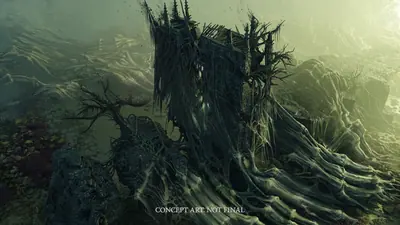 Una estructura monumental cubierta de raíces o tentáculos, en tonos verdes, vista desde arriba.