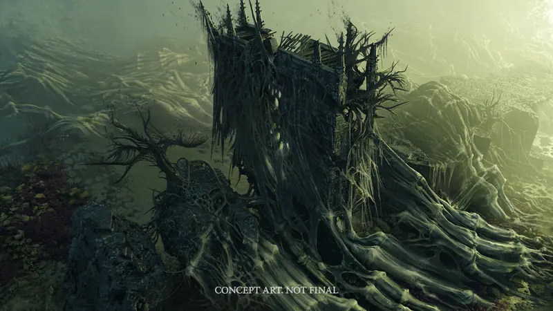 Una estructura monumental cubierta de raíces o tentáculos, en tonos verdes, vista desde arriba.