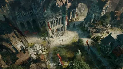 Plaza de una catedral gótica en ruinas, con estandartes rojos y vegetación, vista cenital.